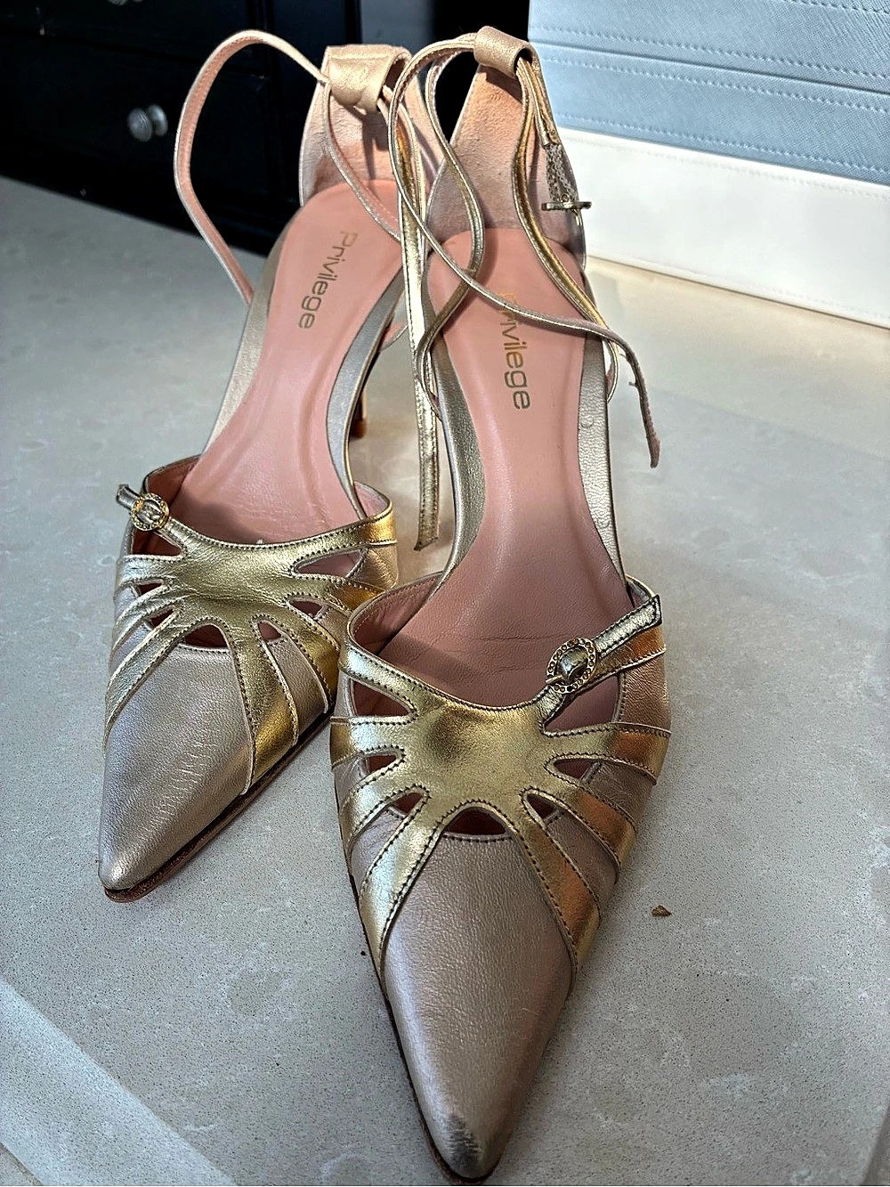 Privilege Pointed Toe Ankle Strap Heels in Gold US 6